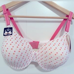 NWT Warner’s underwire t-shirt bra. White with pink polka dots. Size 36DD.